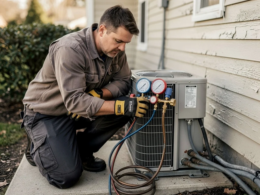 Technicien relevant les pressions d'un circuit frigorifique au manifold